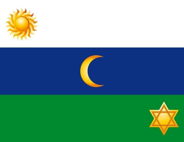 A bandeira do Santo Daime: faixa branca com o Sol, faixa azul com a Lua e faixa verde com a Estrela de Seis Pontas