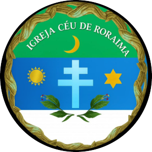 Logomarca da Igreja Céu de Roraima: cruz de Caravaca, sol, lua e estrela sobre as cores verde, azul e branca